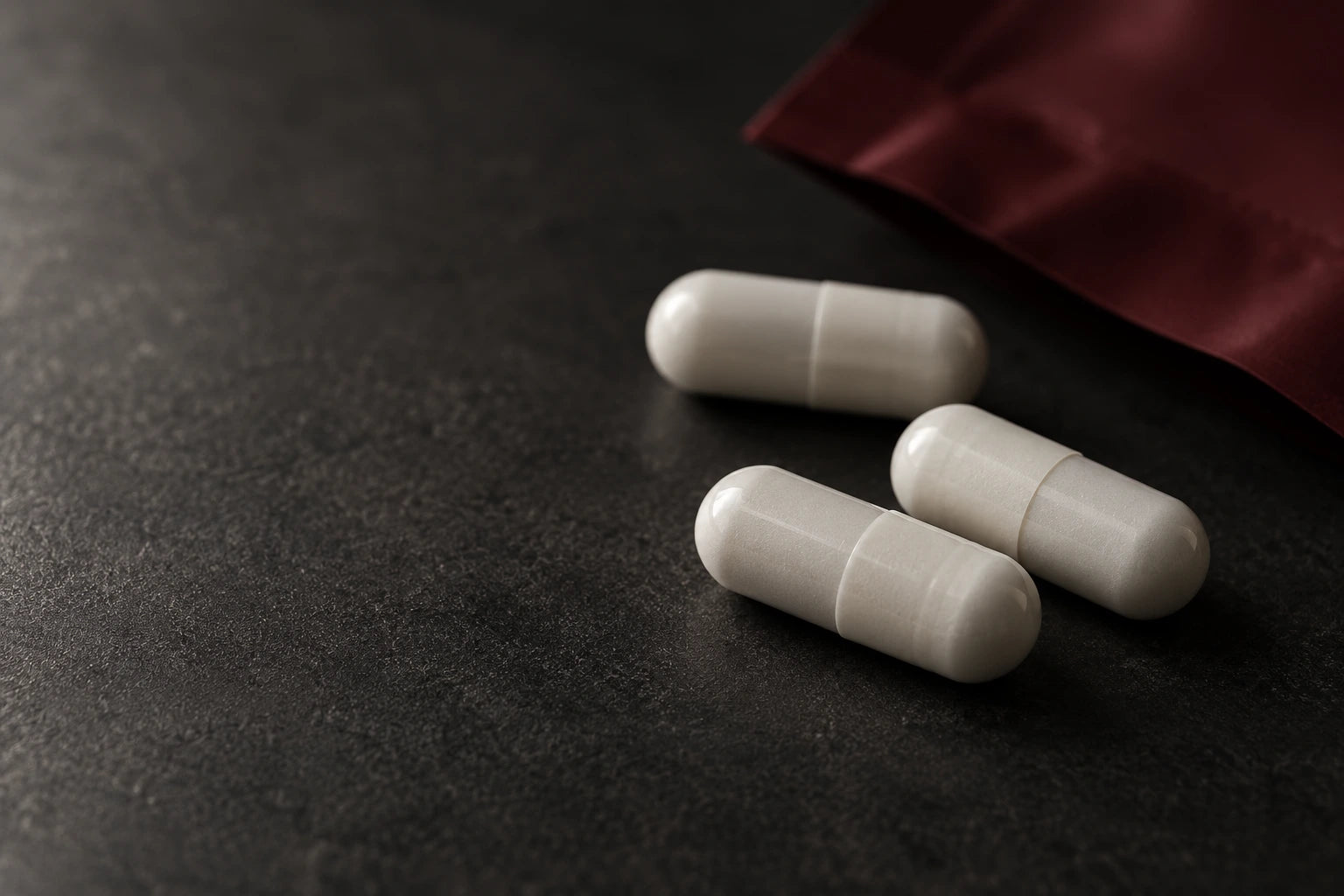 Close-up composition of white capsules on a charcoal surface