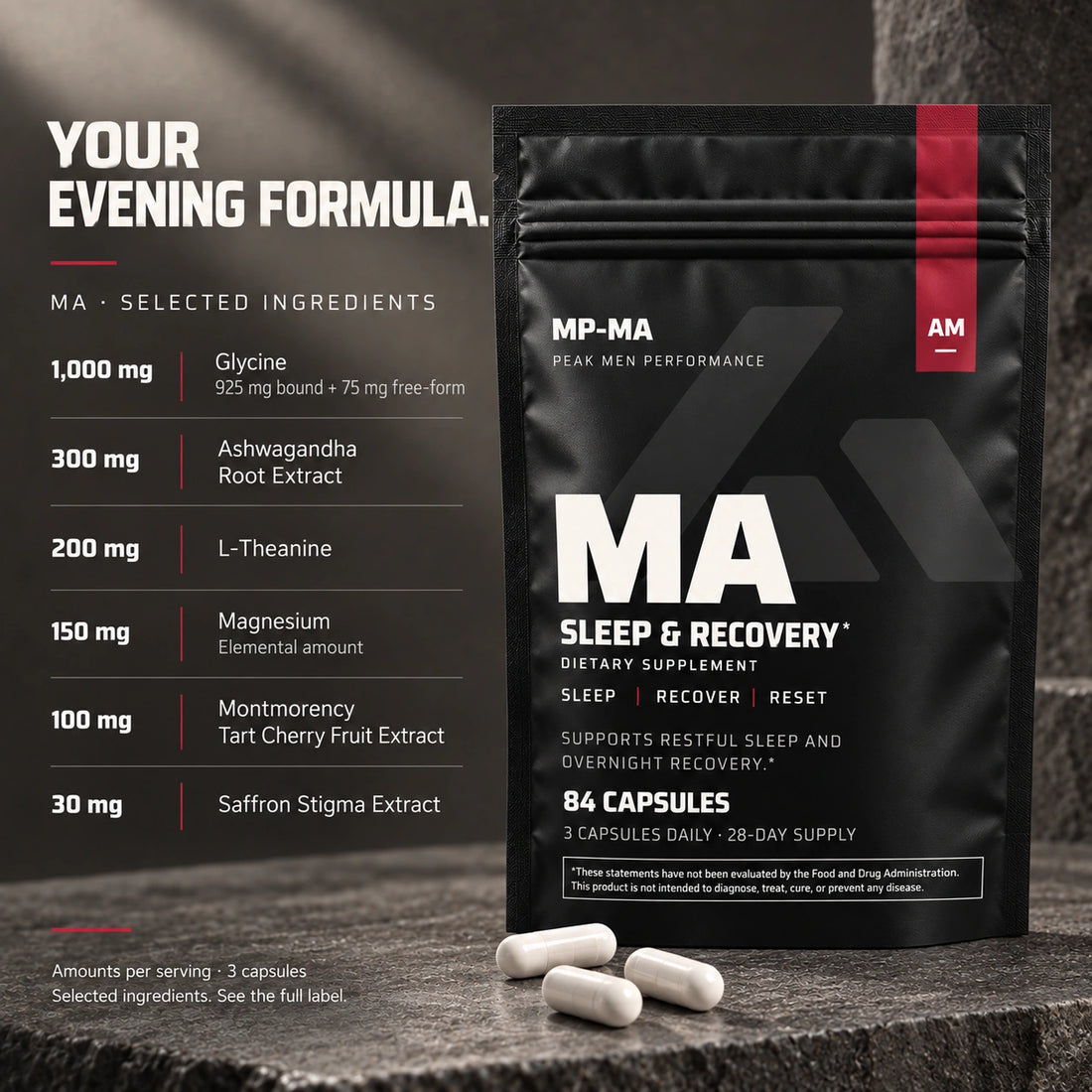 MA selected ingredients, with glycine split into bound and free-form amounts.