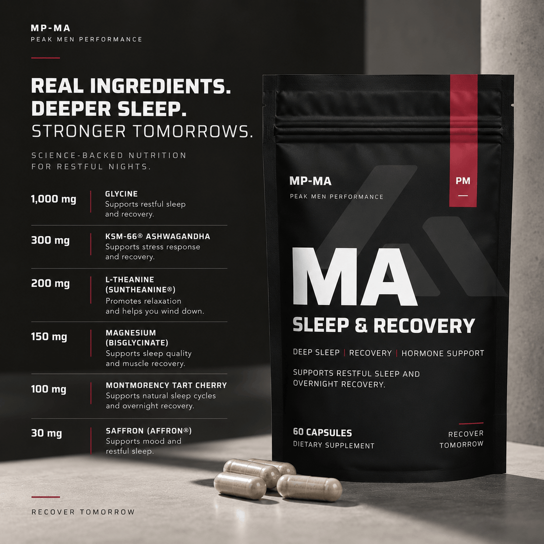 MA Sleep & Recovery pouch with ingredient overview graphic