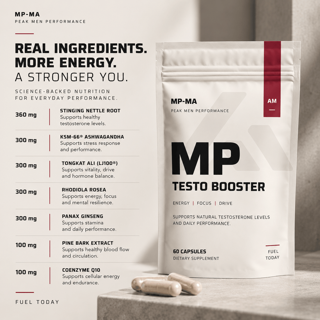 MP Testosterone Support pouch with ingredient overview graphic