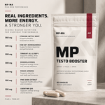 MP Testosterone Support pouch with ingredient overview graphic