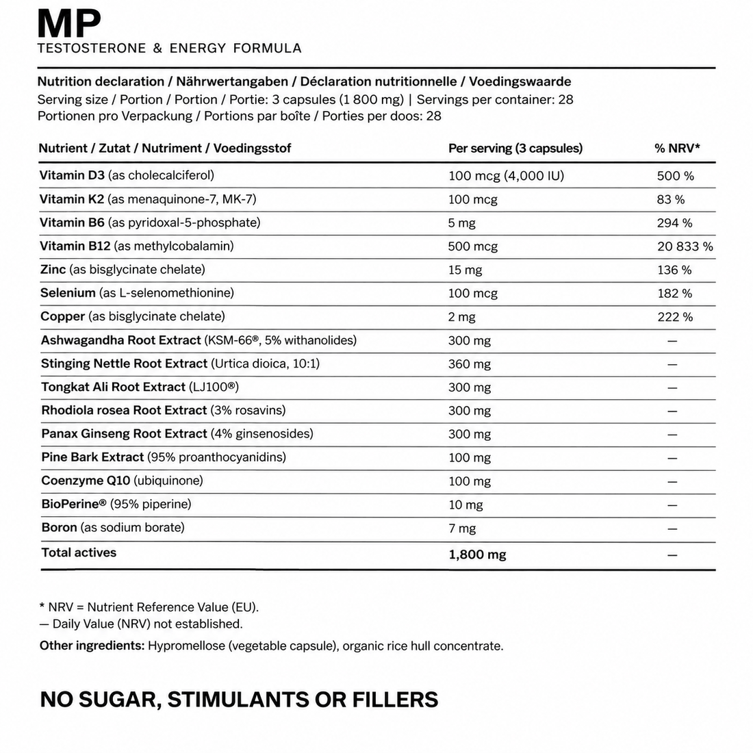 MP Testosterone & Energy formula supplement facts label