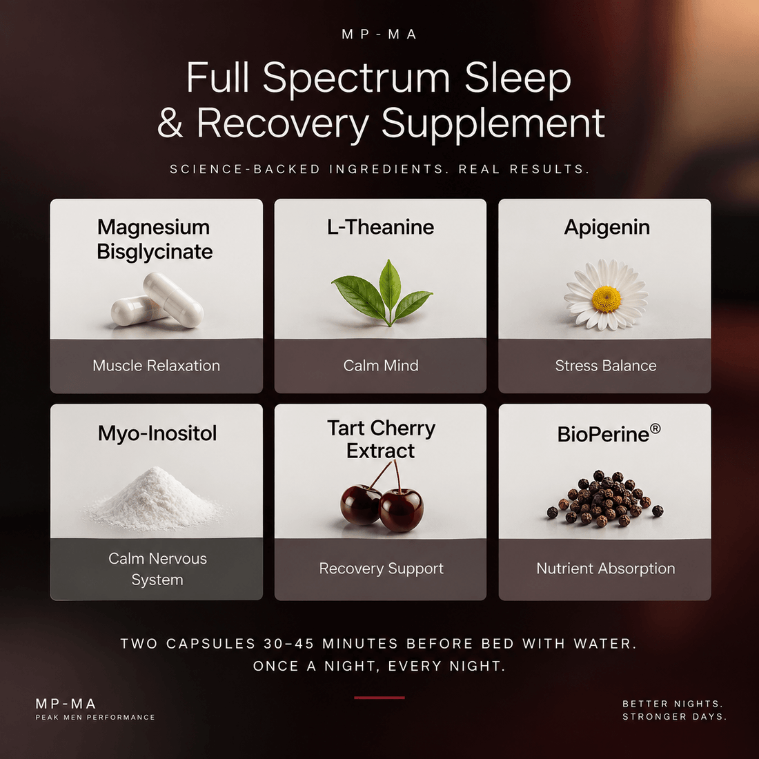 MA sleep and recovery supplement ingredient graphic