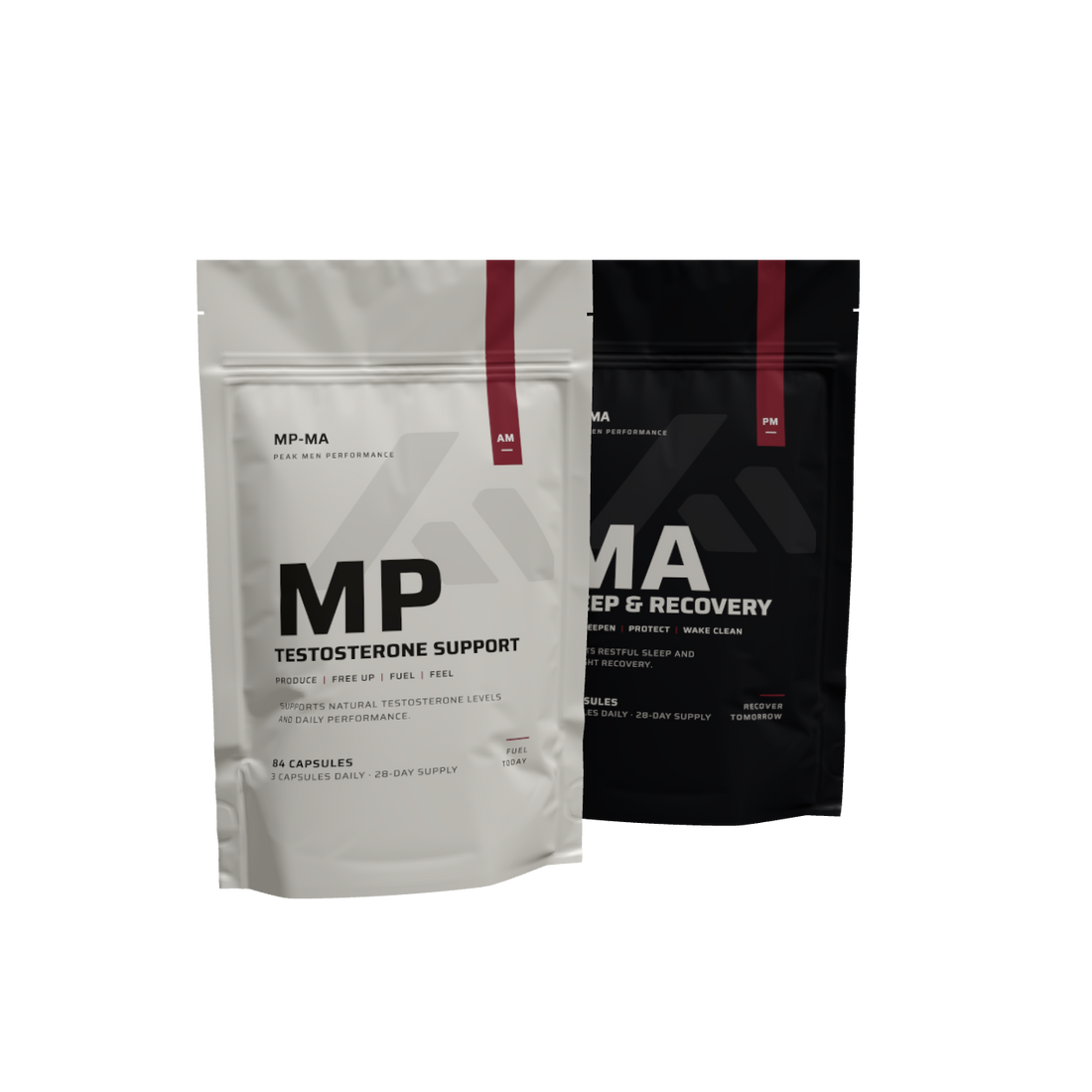 MP-MA day and night system: MP Testosterone Support and MA Sleep & Recovery pouches