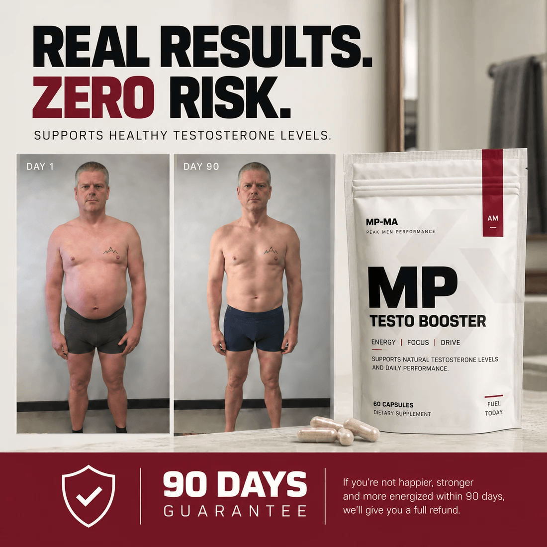 Before and after photo graphic with 90-day guarantee