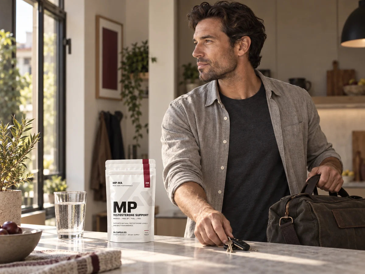 Man in a light kitchen in the morning with the white MP pouch on the counter.