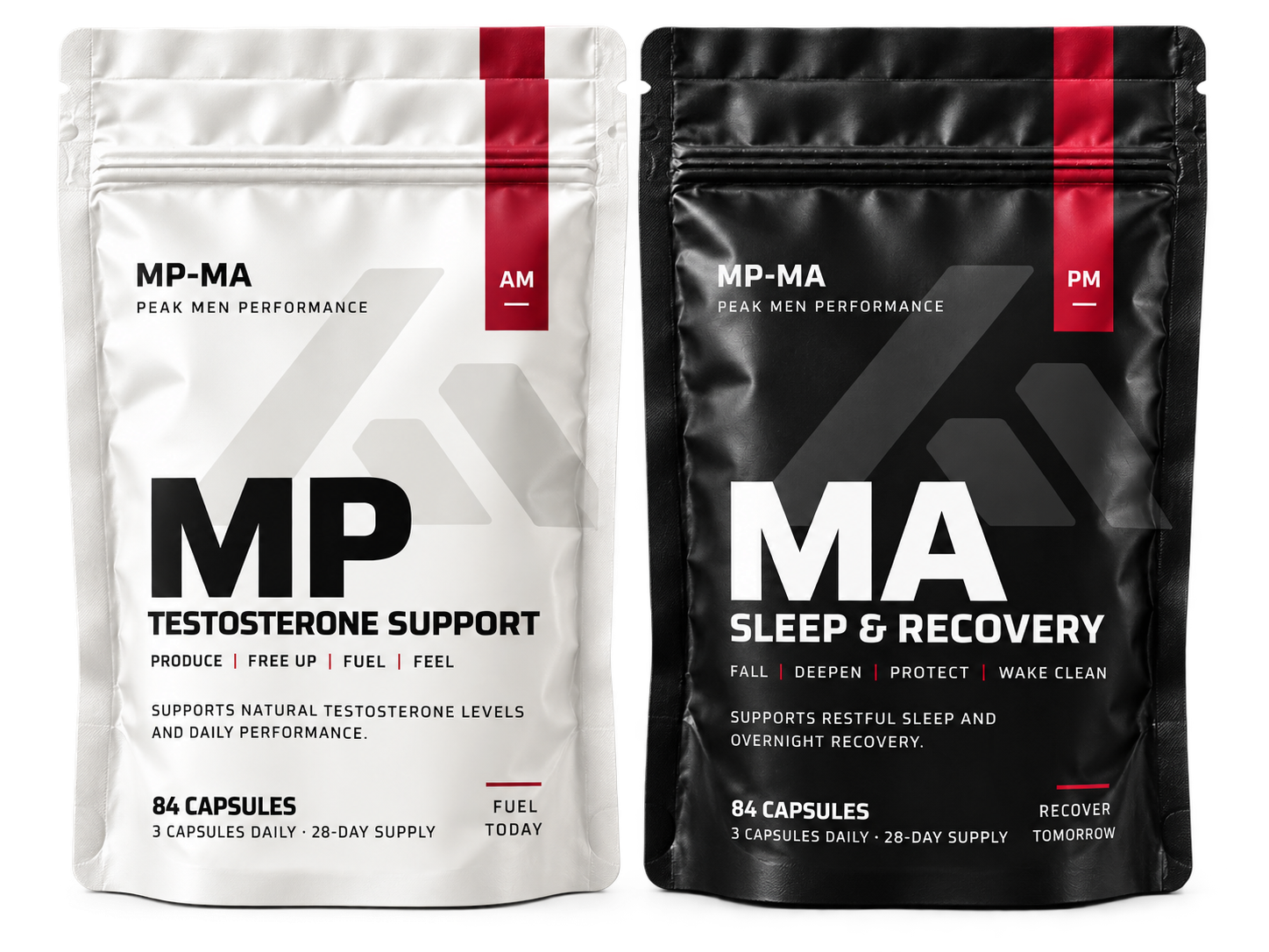 White MP Testosterone Support and black MA Sleep & Recovery pouches